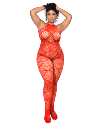 Bodystocking grande taille en résille rouge à motif cœur, orné de strass, ouvert à l’entrejambe - Mapalé